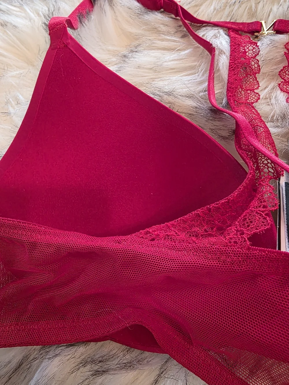 Victoria's Secret Red Angel Wing Back Strappy Bra Panty Set 34B M Gold Hardware